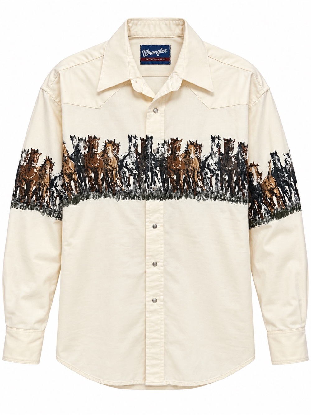 Vintage Wrangler Western Horse Print Pearl Snap Shirt Large Cream